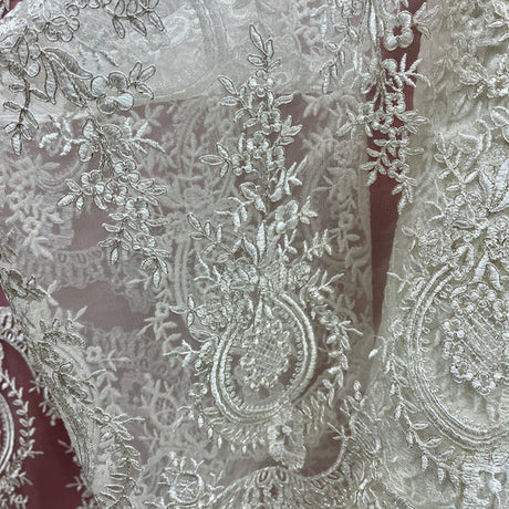 1 Yard Elegant Corded Bridal Lace Fabric Embroidered on Polyester Net Mesh