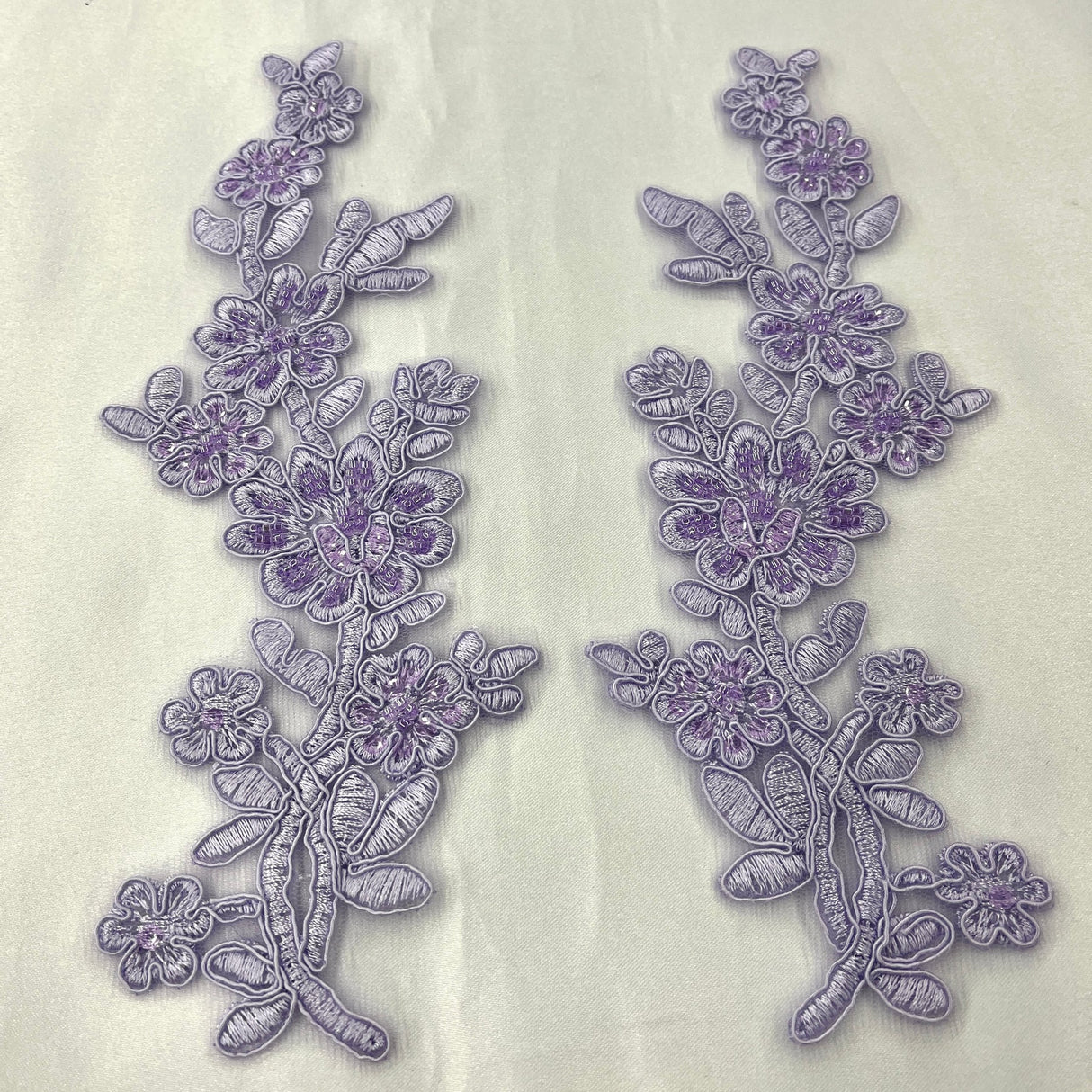 1 Pair Beaded & Corded Floral Lace Applique 10" x 2" Each Side