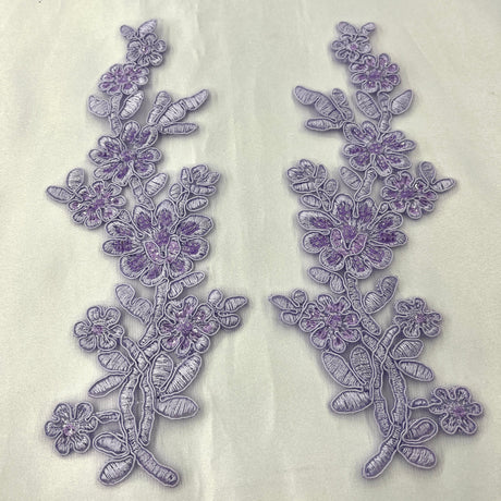 Beaded & Corded Floral Lace Applique Embroidered On 100 Percent Polyester Net Mesh Fabric - Floral Applique, 10" X 2" Each Side (1 Pair)