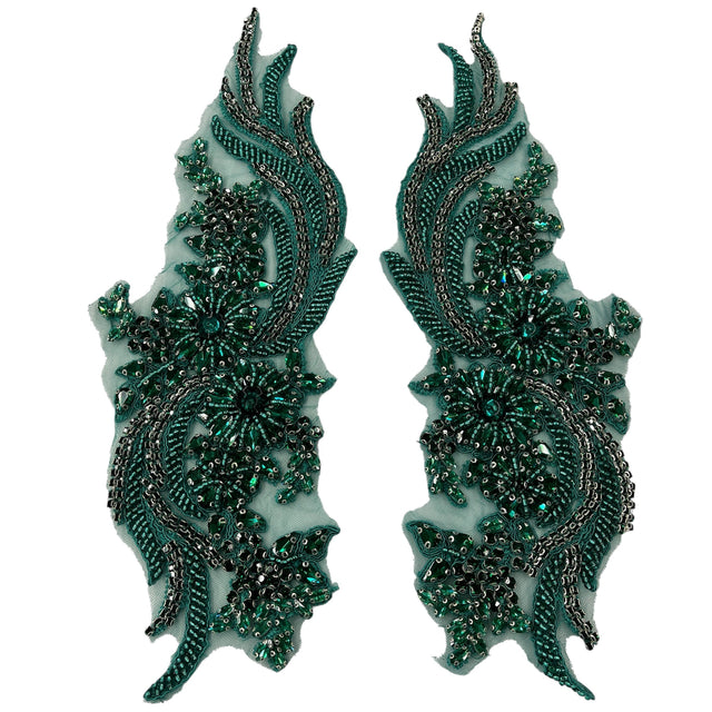 Crystal Rhinestone Applique 100 Percent Polyester Lace Fabric - Floral Beaded Embroidered, 14" X 4" Each Side (1 Pair)