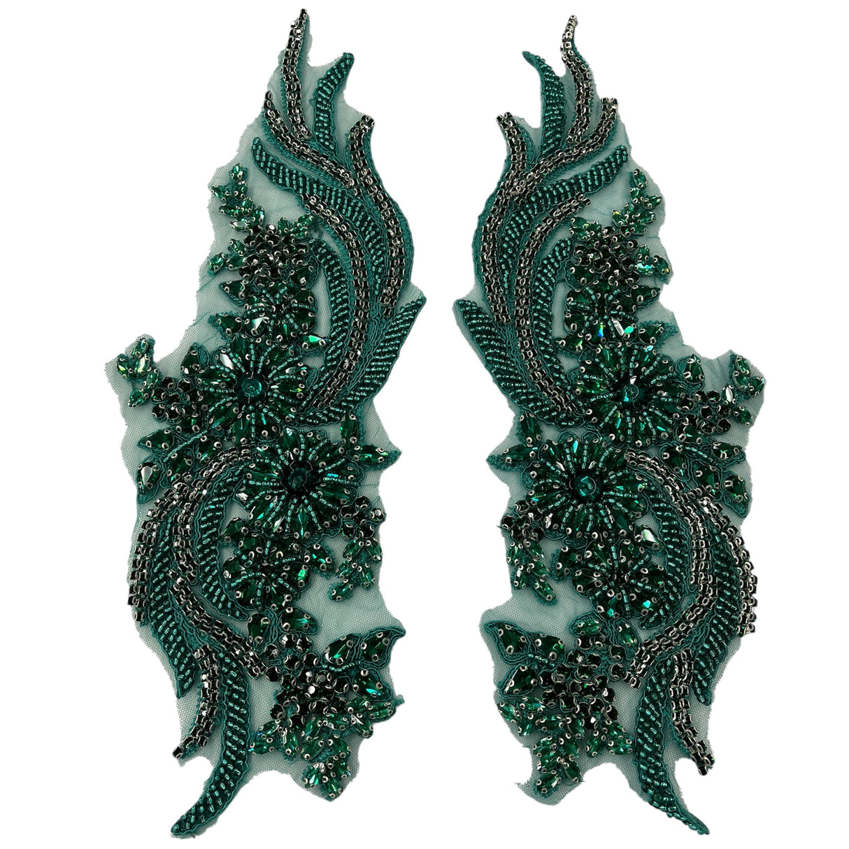 Rhinestone Applique Floral Lace Pair 14" x 4"