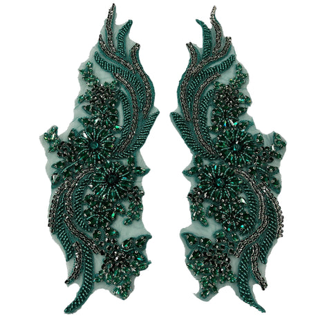 Rhinestone Applique Floral Lace Pair 14" x 4"