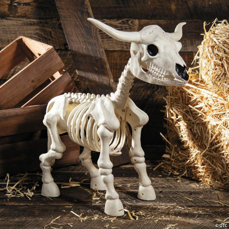 Standing Steer Skeleton Halloween Decoration with Curved Horns, stands upright for an eerie Halloween yard display
