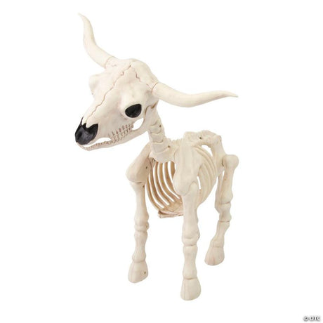 Standing Steer Skeleton Halloween Decoration with Curved Horns, stands upright for an eerie Halloween yard display