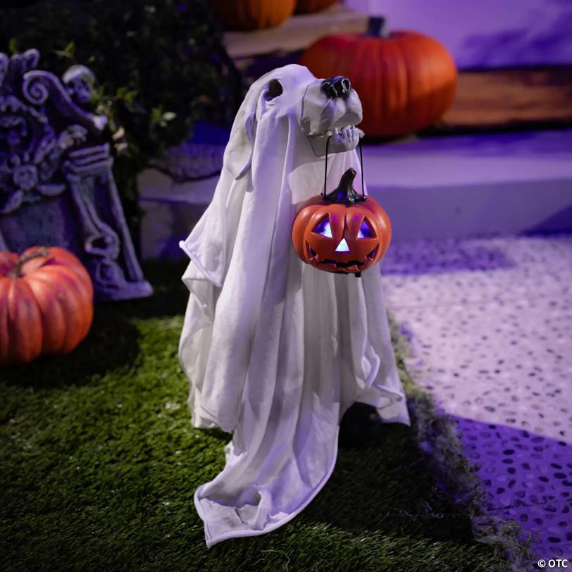 21 3/4" Ghost Dog Carrying Light-Up Jack-O'-Lantern Halloween Decoration