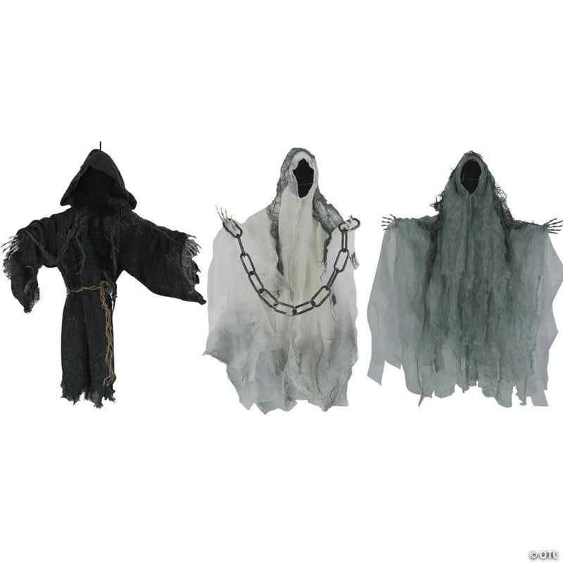 Set of 3 Hanging 21-Inch Faceless Reaper Halloween Decorations in Black, Gray, and White