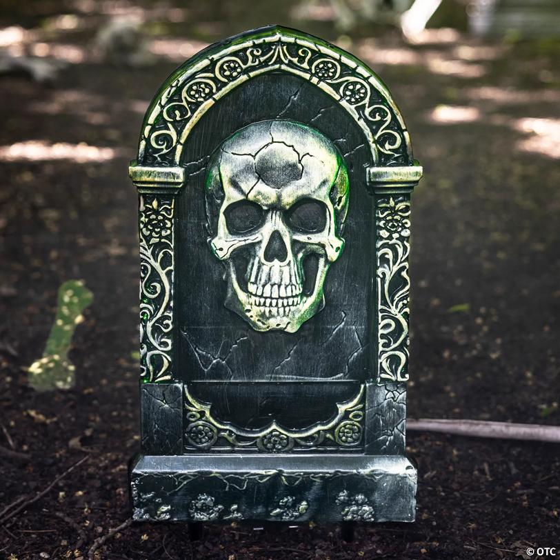 21" Light-Up Tombstone with Skull Halloween Decoration