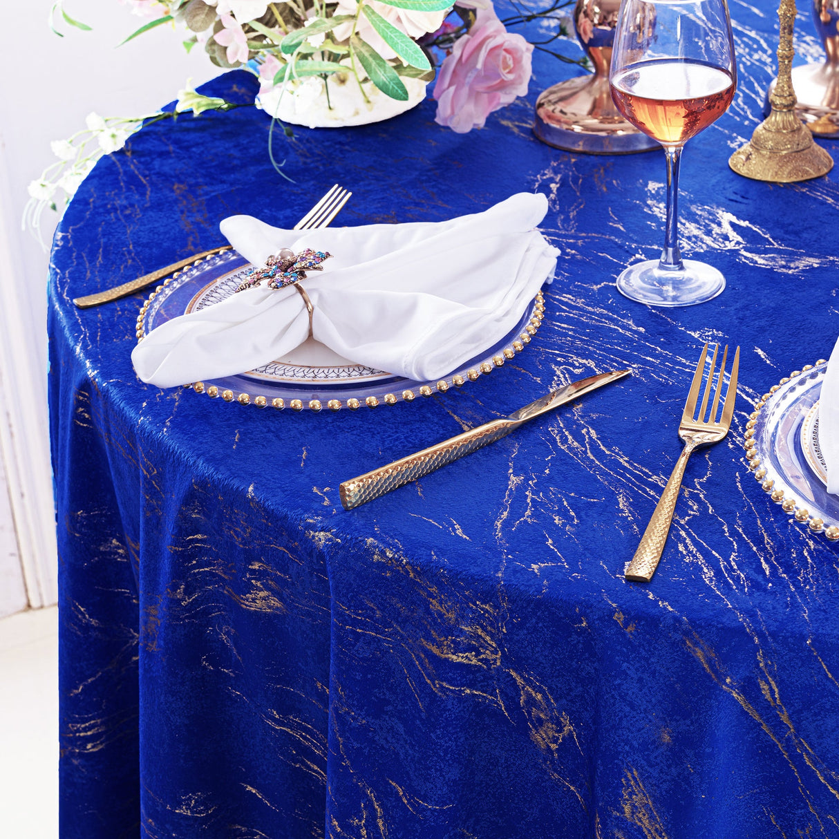 Round Velvet Tablecloth 132" Gilded Marble Royal Blue