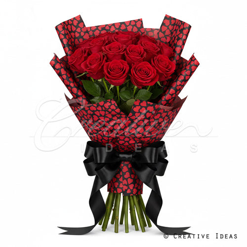 22" X 22" Curly Hearts Floral Wrap-15 Pcs (Black/Red)