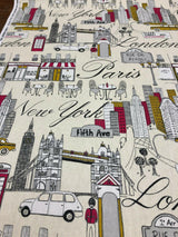 Cityscape Fiesta Cotton Fabric - Paris London New York Cityscape, Beige Background, 45" Width (1 Yard)