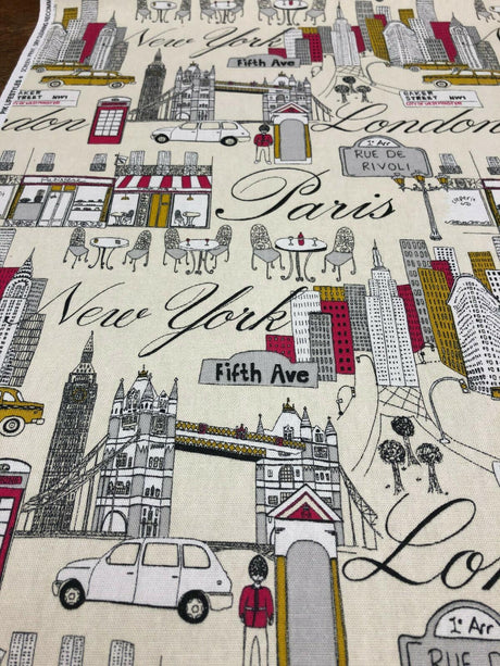 Cityscape Fiesta Cotton Fabric - Paris London New York Cityscape, Beige Background, 45" Width (1 Yard)