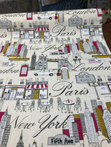 Cityscape Fiesta Cotton Fabric - Paris London New York Cityscape, Beige Background, 45" Width (1 Yard)