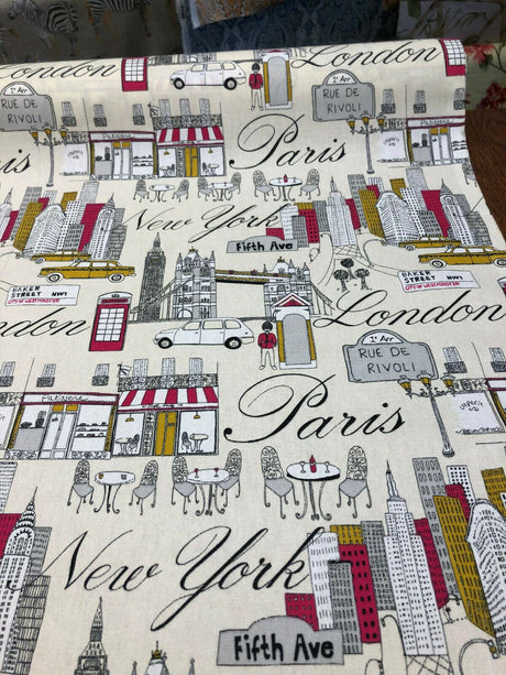 Cityscape Fiesta Cotton Fabric - Paris London New York Cityscape, Beige Background, 45" Width (1 Yard)