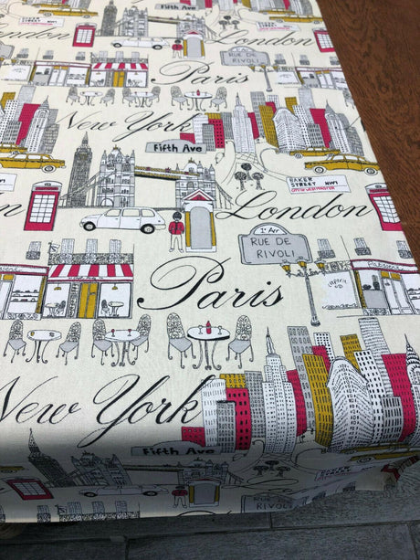 Cityscape Fiesta Cotton Fabric - Paris London New York Cityscape, Beige Background, 45" Width (1 Yard)