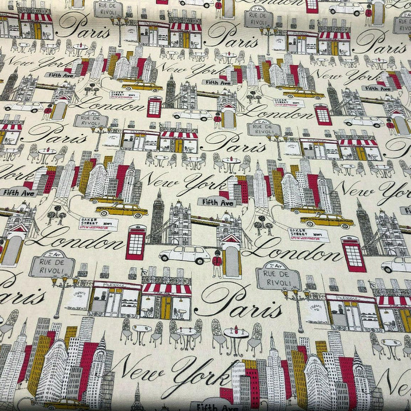 Cityscape Fiesta Cotton Fabric - Paris London New York Cityscape, Beige Background, 45" Width (1 Yard)