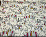Cityscape Fiesta Cotton Fabric - Paris London New York Cityscape, Beige Background, 45" Width (1 Yard)
