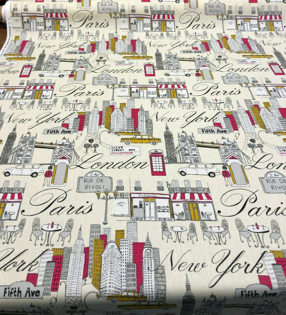 Cityscape Fiesta Cotton Fabric - Paris London New York Cityscape, Beige Background, 45" Width (1 Yard)