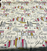 Cityscape Fiesta Cotton Fabric - Paris London New York Cityscape, Beige Background, 45" Width (1 Yard)