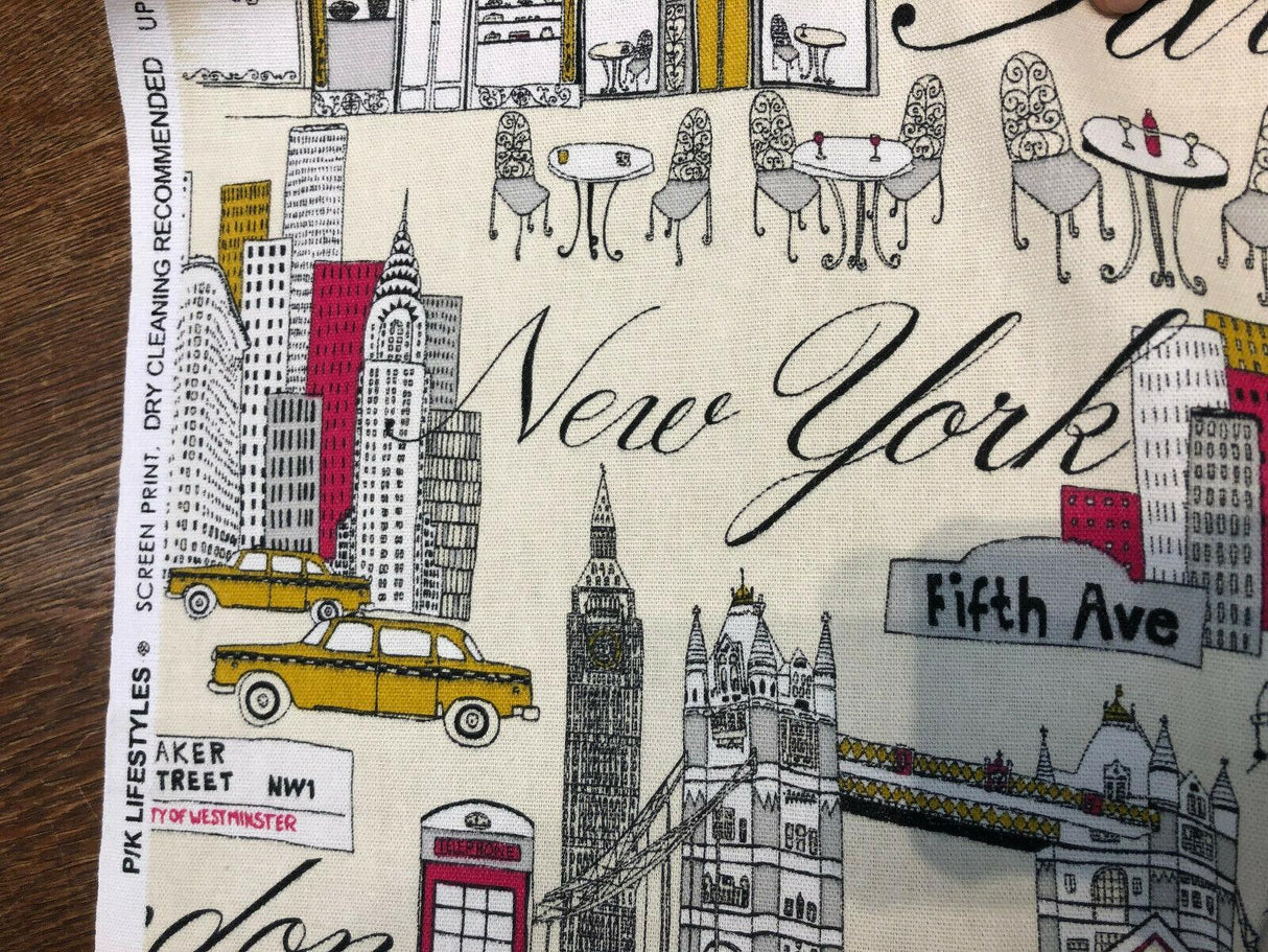 Cityscape Fiesta Cotton Fabric - Paris London New York Cityscape, Beige Background, 45" Width (1 Yard)