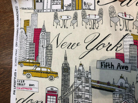 Cityscape Fiesta Cotton Fabric - Paris London New York Cityscape, Beige Background, 45" Width (1 Yard)
