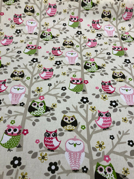 Waverly Sit'N A Tree Cotton Fabric - Beige Background, Fruit Punch Owls, 45" Width (1 Yard)
