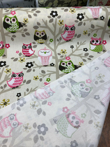 Waverly Sit'N A Tree Cotton Fabric - Beige Background, Fruit Punch Owls, 45" Width (1 Yard)