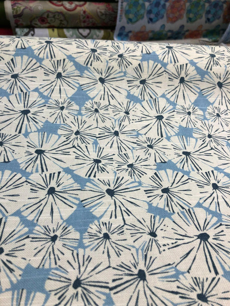 Waverly Forget Me Not Cotton Fabric - Sky Blue, Off White And Slate Floral Screen Print, 54" Width (1 Yard)