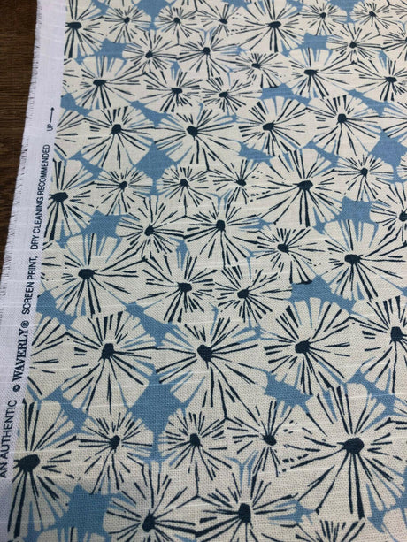 Waverly Forget Me Not Cotton Fabric - Sky Blue, Off White And Slate Floral Screen Print, 54" Width (1 Yard)