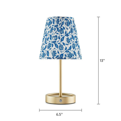 Mainstays 13" Rechargeable Metal Accent Lamp w/Pleated Blue & White Floral Shade - Dimmable
