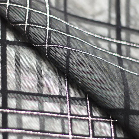 Plaid Foil Mesh Polyester Spandex Fabric - Fuchsia/Black, Silver/Black, Gold/Black, Plaid Hologram, 58/60" Width (1 Yard)