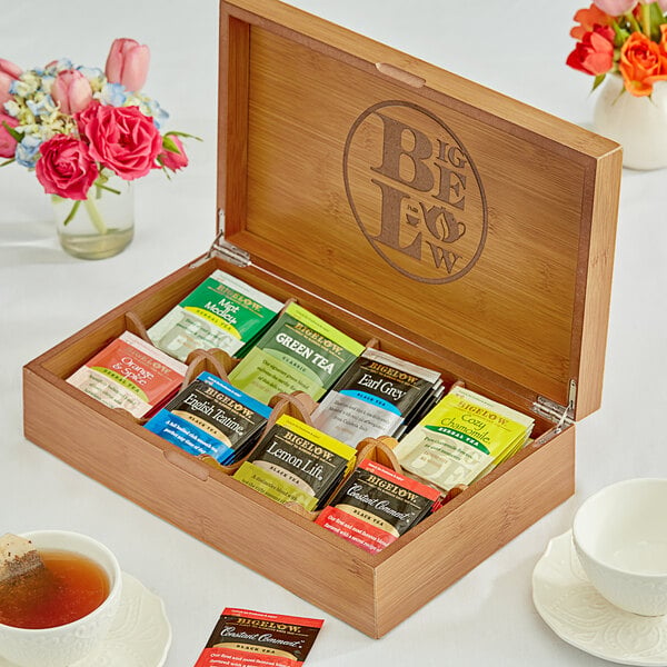 Bigelow Tea 8 Compartment Wooden Tea Chest with Assorted Tea Bags