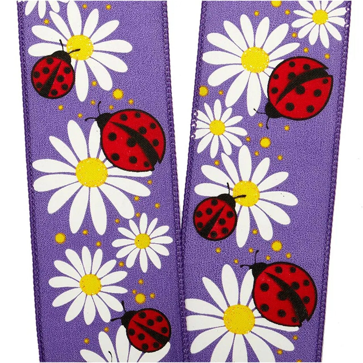 Flowers Printed Wired Ribbon 2.5" x 10 yd Ladybugs & Posies on Purple