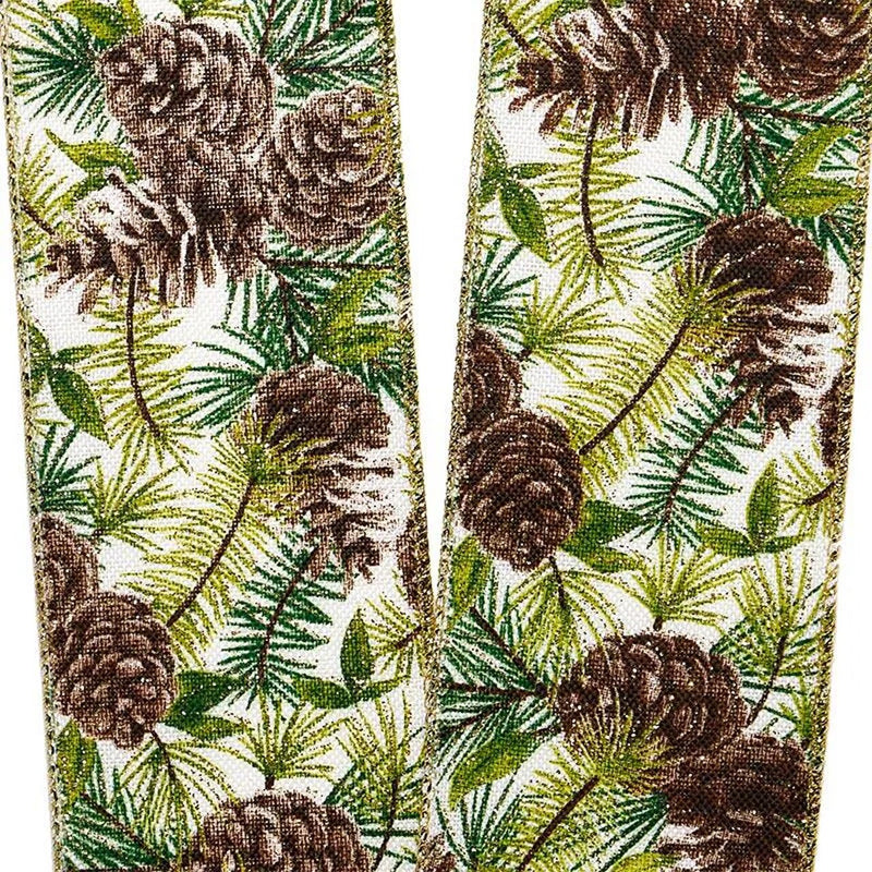 Classic Pinecones & Foliage Natural Wired Ribbon  2.5" x 10 Yards