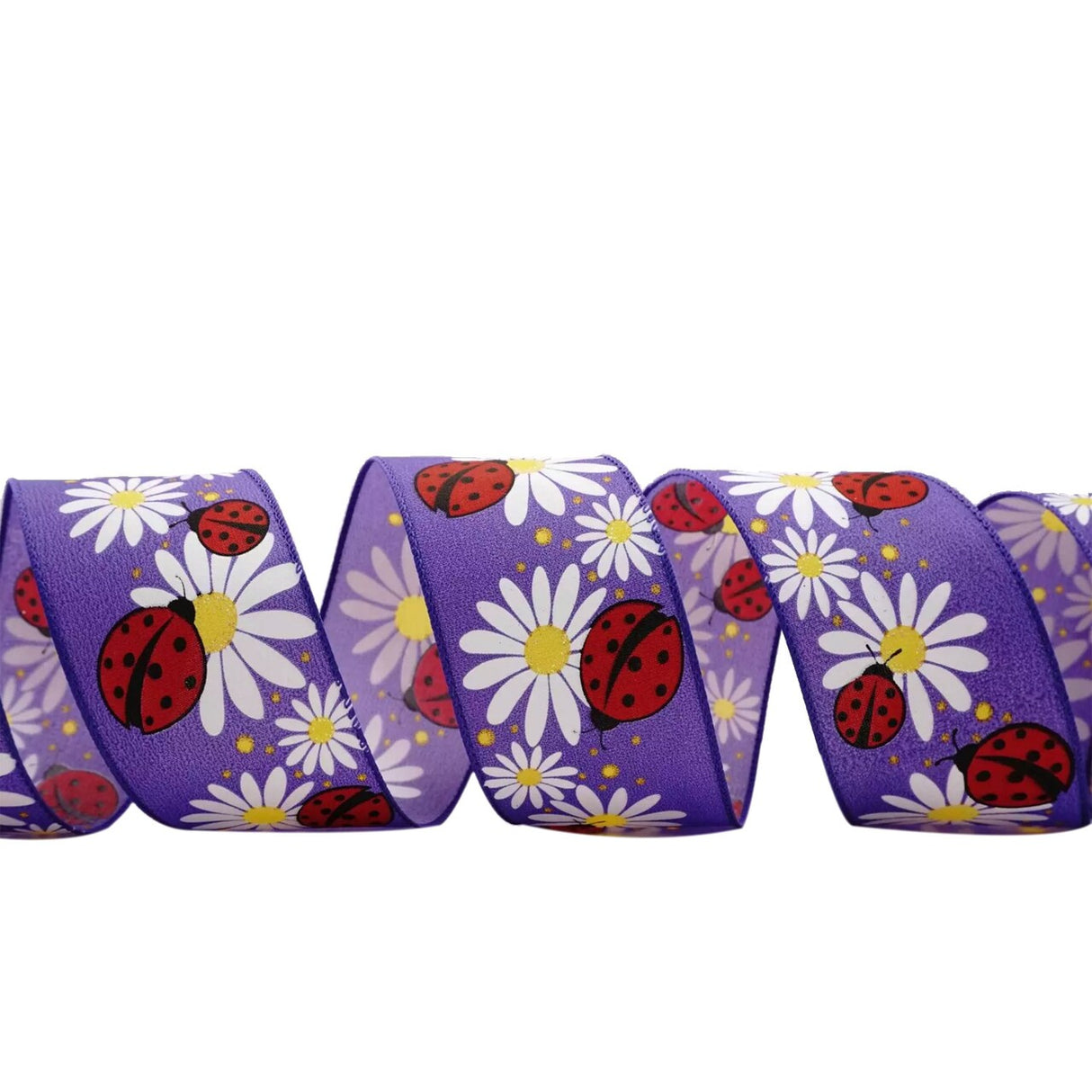 Flowers Printed Wired Ribbon 2.5" x 10 yd Ladybugs & Posies on Purple