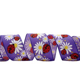 Flowers Printed Wired Ribbon 2.5" x 10 yd Ladybugs & Posies on Purple