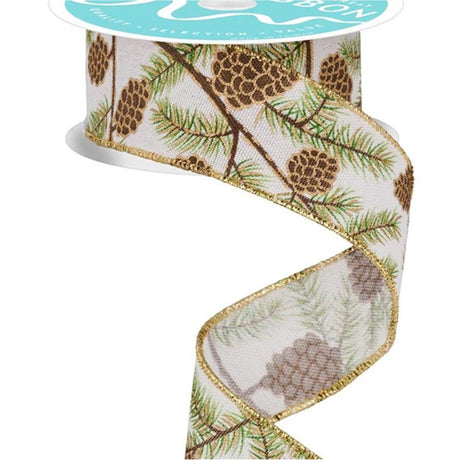 Classic Pinecones & Foliage Natural Wired Ribbon  2.5" x 10 Yards