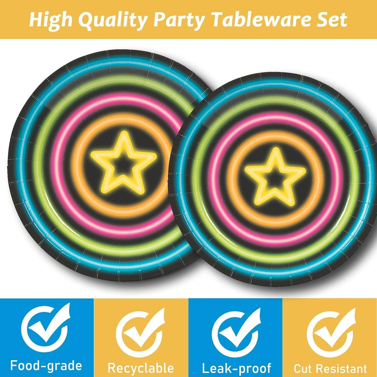8 Ct. 7" Neon Glow Party Paper Dessert Plates Star Design with Vibrant Neon Colors on Black Background, Disposable Birthday Plates