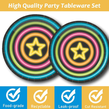 8 Ct. 7" Neon Glow Party Paper Dessert Plates Star Design with Vibrant Neon Colors on Black Background, Disposable Birthday Plates