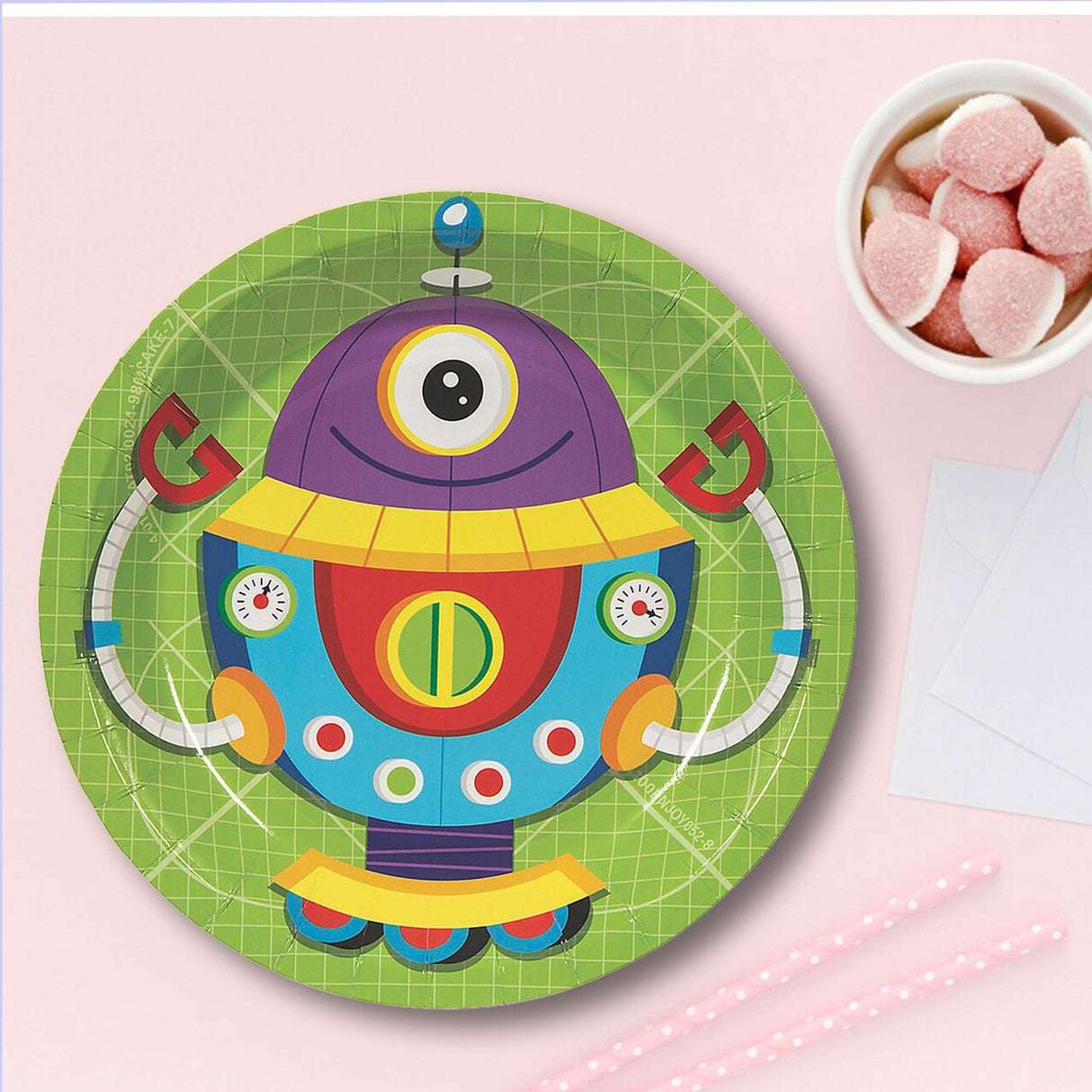 8 Count 7" Robot Party Round Disposable Dessert Plates Fun Robot Birthday Tableware
