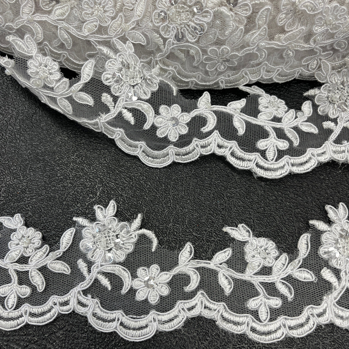Beaded Corded Lace Trimming Polyester Fabric - Floral Scalloped Edge, 2.75" Width (1 Yard)