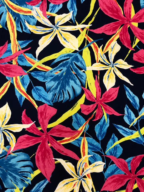 Dark Navy Background Big Flowers Polyester Spandex Fabric - Floral Print, 58" To 60" Width