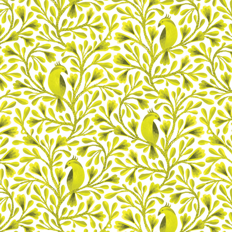 Cotton Birds and Branches Fabric Dark Lime Citrine 44/45"