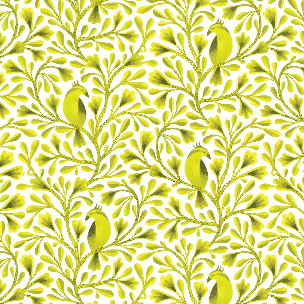 Cotton Birds and Branches Fabric Dark Lime Citrine 44/45"