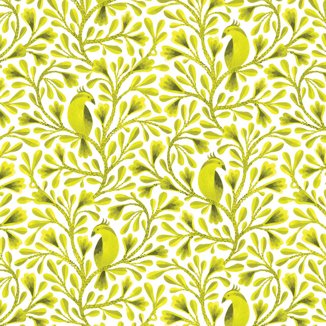 Cotton Birds and Branches Fabric Dark Lime Citrine 44/45"