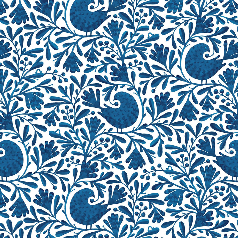 Cotton Print Navy Isla Birds and Branches Fabric 44/45"