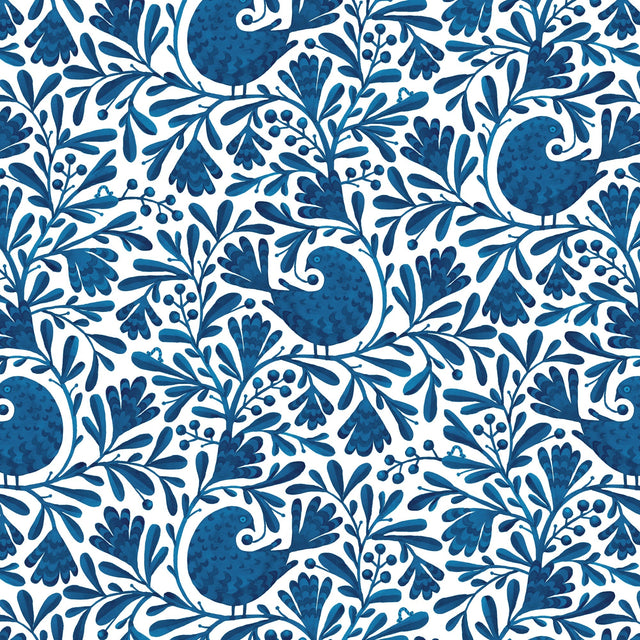 Cotton Print Navy Isla Birds and Branches Fabric 44/45"