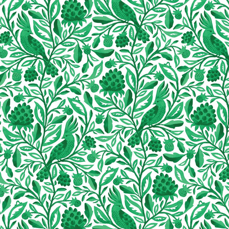 Cotton Print Green Birds and Branches Fabric 44/45"
