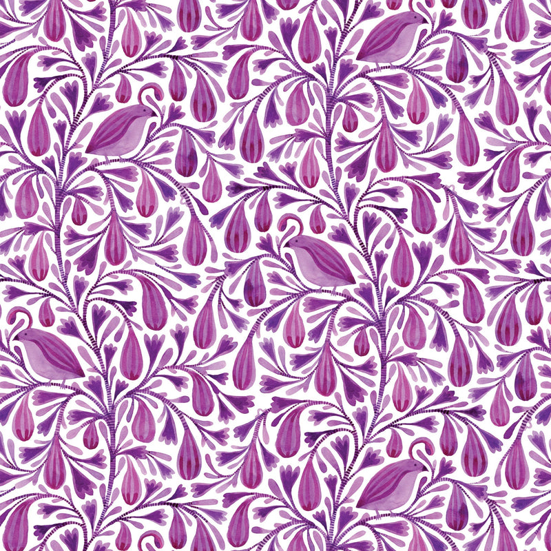 Cotton Print Dark Magenta Prince Birds and Branches Fabric 44/45"