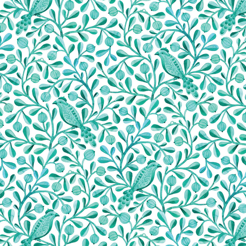 Cotton Print Turquoise Birds and Branches Fabric 44/45"