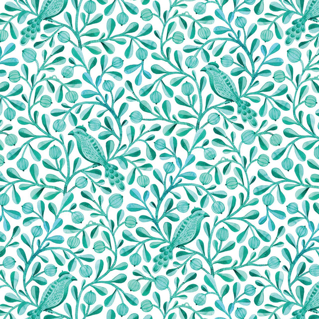Cotton Print Turquoise Birds and Branches Fabric 44/45"